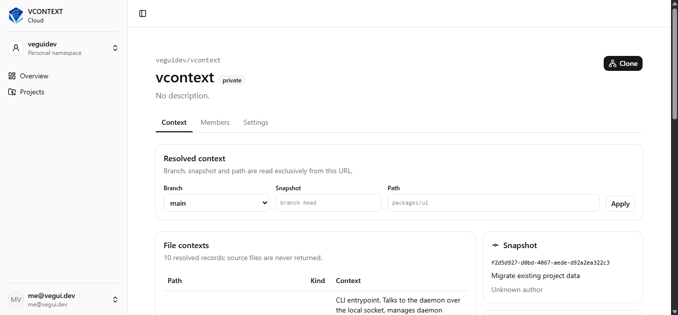 VContext Cloud showing the vcontext project context browser